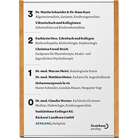 moedel Wandschild LMH DIN A4, Hochformat, individuell beschriftbar, Klebe- oder Schraubmontage, B 221,5 x H 299,5 mm, silber/Eiche