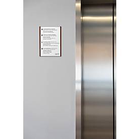 moedel Wandschild LMH DIN A4, Hochformat, individuell beschriftbar, Klebe- oder Schraubmontage, B 221,5 x H 299,5 mm, silber/Nussbaum