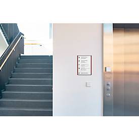 moedel Wandschild LMH, DIN A4, wechselbare Einlagen, Klebemontage, B 221,5 x H 299,5 mm, Nussbaum/schwarz