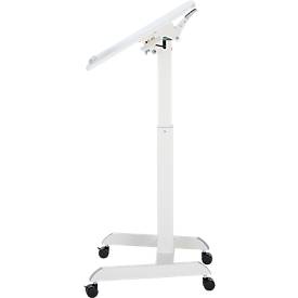Monosäulen-Beistelltisch, rechteckig, höhenverstell-/neigbar, Gasdruckfeder mit Handschalter, mit Rollen, B 600 x T 520 x H 758-1128 mm, weiß