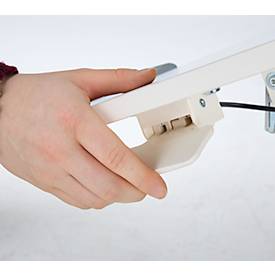 Monosäulen-Beistelltisch, rechteckig, höhenverstell-/neigbar, Gasdruckfeder mit Handschalter, mit Rollen, B 600 x T 520 x H 758-1128 mm, weiß