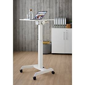 Monosäulen-Beistelltisch, rechteckig, höhenverstell-/neigbar, Gasdruckfeder mit Handschalter, mit Rollen, B 600 x T 520 x H 758-1128 mm, weiß