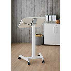 Monosäulen-Beistelltisch, rechteckig, höhenverstell-/neigbar, Gasdruckfeder mit Handschalter, mit Rollen, B 600 x T 520 x H 758-1128 mm, weiß