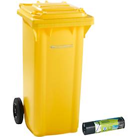 Mülltonne GMT, 120 l, fahrbar, gelb + Schwerlast-Abfallsäcke 