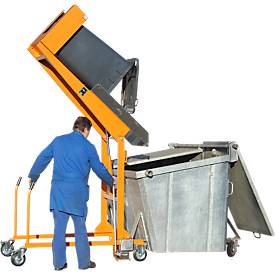 Mülltonnen-Kippstation MKS, für 120 & 240 l Tonnen, Ausschütth. 1480 mm, Kippw. 135°, bis 110 kg, Rollen, Handpumpe, RAL 2000