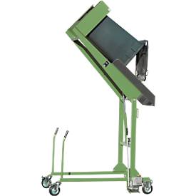 Mülltonnen-Kippstation MKS, für 120 & 240 l Tonnen, Ausschütth. 1480 mm, Kippw. 135°, bis 110 kg, Rollen, Handpumpe, RAL 6011