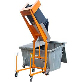 Mülltonnen-Kippstation MKS, für 120 & 240 l Tonnen, Ausschütthöhe 1480 mm, Kippw. 135°, bis 110 kg, Rollen, Fußpumpe, RAL 2000
