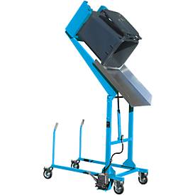 Mülltonnen-Kippstation MKS, für 120 & 240 l Tonnen, Ausschütthöhe 1480 mm, Kippw. 135°, bis 110 kg, Rollen, Fußpumpe, RAL 5012