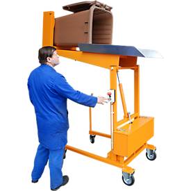 Mülltonnen-Kippstation MKS, für 120 & 240 l Tonnen, Ausschütthöhe 1480 mm, Kippwinkel 135°, bis 110 kg, Rollen, 12 V, RAL 2000