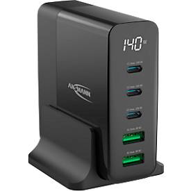 Multiladegerät Ansmann Desktop Charger, 140 W, GaN-Technologie, für bis zu 5 Geräte, 2 x USB-A und 3 x USB-C, Display, schwarz