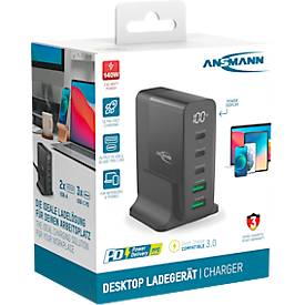 Multiladegerät Ansmann Desktop Charger, 140 W, GaN-Technologie, für bis zu 5 Geräte, 2 x USB-A und 3 x USB-C, Display, schwarz