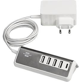 Multiladegerät brennenstuhl®estilo, für bis zu 5 Geräte, Schnellladefunktion, 1,5 m Textil-Kabel, 1x USB-C, 4x USB-Ladebuchse, Edelstahloberfläche, weiß