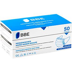 Mund-Nasen-Schutz BBE Solutions®, medizinisch, EN 14638/10993 Typ IIR, Einweg, 3-lagig, formbarer Nasenbügel, elastische Ohrbänder, blau, 50 Stück 