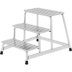 Munk Arbeitspodest, Aluminium, verschweißte Rohrkonstruktion, Warzenblechstufen, rutschfest, Bis 150 kg, Trittfläche B 550 x T 300 mm, 3-stufig