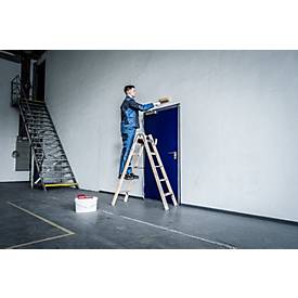 Munk® Holz-Stufen-Stehleiter, Nadelschnittholz/Buche, 80 mm geriffelt, Hufeisenscharniere, 150 kg, Eimerhaken, Textilgurt-Spreizsicherung, 16 Stufen