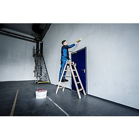 Munk® Holz-Stufen-Stehleiter, Nadelschnittholz/Buche, 80 mm geriffelt, Hufeisenscharniere, 150 kg, Eimerhaken, Textilgurt-Spreizsicherung, 8 Stufen