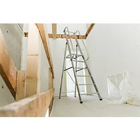 Munk Plattformleiter, 4 Stufen, Aluminium, stabile Rechteckrohr-Holme, große Plattform, Handläufe vormontiert, rutschsichere Leiterschuhe, 150 kg