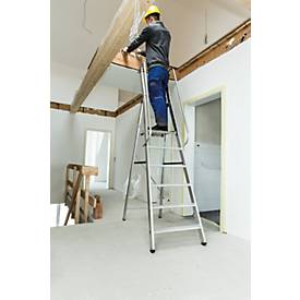 Munk Plattformleiter, 8 Stufen, Aluminium, stabile Rechteckrohr-Holme, große Plattform, Handläufe vormontiert, rutschsichere Leiterschuhe, 150 kg