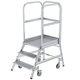 Munk Podesttreppe, 3 Stufen, einseitig begehbar, Rechteckrohr-Holme, Plattform B 600 x T 800 mm, 3-seitiges Geländer, max. 150 kg