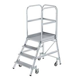 Munk Podesttreppe, 4 Stufen, einseitig begehbar, Rechteckrohr-Holme, Plattform B 600 x T 800 mm, 3-seitiges Geländer, max. 150 kg