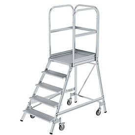 Munk Podesttreppe, 5 Stufen, einseitig begehbar, Rechteckrohr-Holme, Plattform B 600 x T 800 mm, 3-seitiges Geländer, max. 150 kg