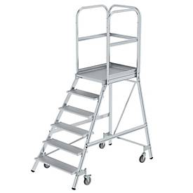 Munk Podesttreppe, 6 Stufen, einseitig begehbar, Rechteckrohr-Holme, Plattform B 600 x T 800 mm, 3-seitiges Geländer, max. 150 kg