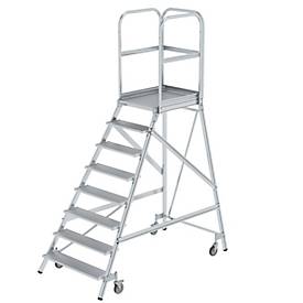 Munk Podesttreppe, 8 Stufen, einseitig begehbar, Rechteckrohr-Holme, Plattform B 600 x T 800 mm, Handlauf, 3-seitiges Geländer, max. 150 kg