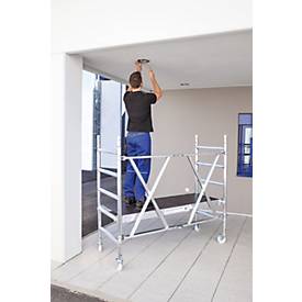 Munk Rollgerüst, Aluminium-Rundrohr, geschweißte Rahmenteile, Klapprahmen, bis 3,0 m Arbeitshöhe, trittsichere Plattform, Ø 125 mm Lenkrollen, platzsparend, B 135 mm