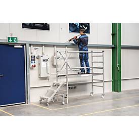 Munk Rollgerüst, mit Treppenzustieg, H 1940 mm, Klapprahmen, Hubrollen, Plattformhöhe einstellbar, Handläufe, Geländer, türengängig