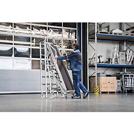 Munk Rollgerüst, mit Treppenzustieg, H 1940 mm, Klapprahmen, Hubrollen, Plattformhöhe einstellbar, Handläufe, Geländer, türengängig