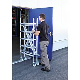 Munk Rollgerüst, Türengängig, Aluminium-Rundrohr, Klapprahmen, bis 3,0 m Arbeitshöhe, trittsichere Plattform, Ø 125 mm Lenkrollen, platzsparend, B 0,75 mm