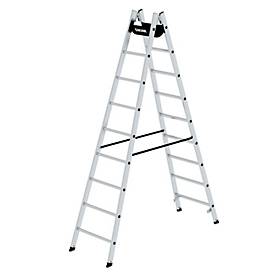 Munk Sprossen-Stehleiter, Aluminium, Rechteckrohr-Holme, geriffelte Sprossen, nivello® Leiterschuhe, max. 150 kg, Polyestergurt-Spreizsicherung, 2x9 Sprossen