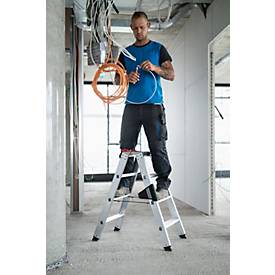 Munk Stufen-Stehleiter, 2 x 6 Stufen, Aluminium, Rechteckrohr-Holme, 80 mm geriffelte Stufen, 150 kg belastbar, nivello® Leiterschuhe, ergo-pad® Griffzone