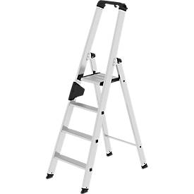 Munk Stufen-Stehleiter, Aluminium, einseitig begehbar, geriffelte Stufen, bis 150 kg, nivello® Leiterschuhe, 4 Stufen