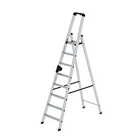 Munk Stufen-Stehleiter, Aluminium, einseitig begehbar, geriffelte Stufen, bis 150 kg, nivello® Leiterschuhe, 8 Stufen