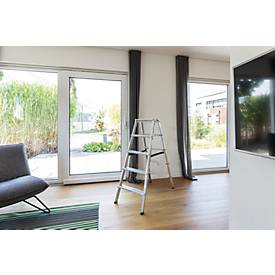 Munk Stufen-Stehleiter, beidseitig, Aluminium, 80 mm geriffelte Stufen, max. 150 kg, Spreizsicherung, 12 Stufen