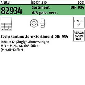Muttersortiment DIN 934, 45-teilig, galv. verzinkt, Sechskantmuttern, REYHER Artikel 82934
