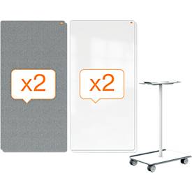 Nobo Move & Meet Mobile Whiteboard- & Notiztafel-System, 2 Whiteboards, 2 Notiztafeln, 900 x 1800 mm, magnethaftend, fahrbar