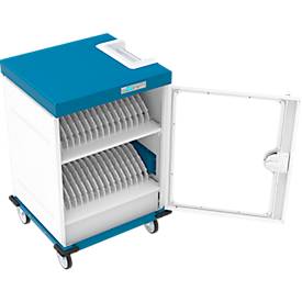 Notebook-Ladewagen Good Connections GEMMA N32, für 32 Geräte, Schuko-Buschen, abschließbar, Leistung 3680 W, weiß-blau