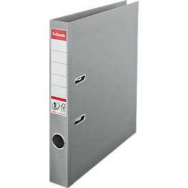 Ordner Esselte® No. 1, A4, Rückenbreite 50 mm, für ca. 350 Blatt, Hebelmechanik, Rückenschild, Griffloch & Raumsparschlitze, FSC®-Karton, grau