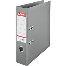 Ordner Esselte® No. 1, A4, Rückenbreite 75 mm, für ca. 500 Blatt, Hebelmechanik, Rückenschild, Griffloch & Raumsparschlitze, FSC®-Karton, grau