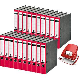Ordner Leitz 1050, Rückenbreite 52 mm, 20 Stück + Locher Leitz 5008, 3 mm/30 Blatt, rot