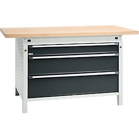 Otto Kind Breitfachwerkbank Typ 405, Buche Multiplexplatte, bis 1.200 kg, B 1524 x T 750 x H 850 mm, Stahl, Zentralverschluss, lichtgrau/anthrazitgrau