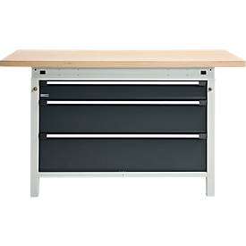 Otto Kind Breitfachwerkbank Typ 405, Buche Multiplexplatte, bis 1.200 kg, B 1524 x T 750 x H 850 mm, Stahl, Zentralverschluss, lichtgrau/anthrazitgrau