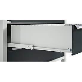 Otto Kind Breitfachwerkbank Typ 405, Buche Multiplexplatte, bis 1.200 kg, B 1524 x T 750 x H 850 mm, Stahl, Zentralverschluss, lichtgrau/anthrazitgrau