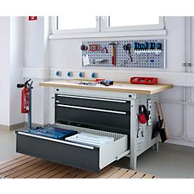 Otto Kind Breitfachwerkbank Typ 405, Buche Multiplexplatte, bis 1.200 kg, B 1524 x T 750 x H 850 mm, Stahl, Zentralverschluss, lichtgrau/anthrazitgrau