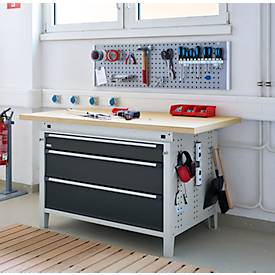 Otto Kind Breitfachwerkbank Typ 405, Buche Multiplexplatte, bis 1.200 kg, B 1524 x T 750 x H 850 mm, Stahl, Zentralverschluss, lichtgrau/anthrazitgrau