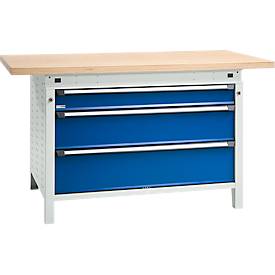 Otto Kind Breitfachwerkbank Typ 405, Buche Multiplexplatte, bis 1.200 kg, B 1524 x T 750 x H 850 mm, Stahl, Zentralverschluss, lichtgrau/enzianblau