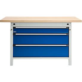 Otto Kind Breitfachwerkbank Typ 405, Buche Multiplexplatte, bis 1.200 kg, B 1524 x T 750 x H 850 mm, Stahl, Zentralverschluss, lichtgrau/enzianblau