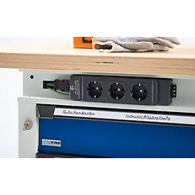 Otto Kind Breitfachwerkbank Typ 405, Buche Multiplexplatte, bis 1.200 kg, B 1524 x T 750 x H 850 mm, Stahl, Zentralverschluss, lichtgrau/enzianblau